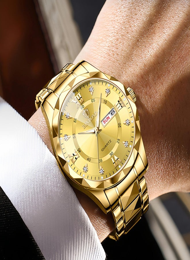 Gosasa Luxury Men's and Women's Business Diamond Stainless Steel Waterproof Roman Numeral Analog Quartz Watch with Day-Date Calendar, Gold and Silver Tone (All Gold, Men) - Image 3